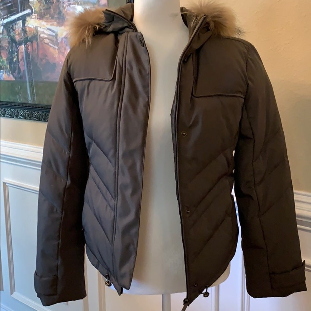 Calvin Klein down jacket with raccoon fur collar in olive color